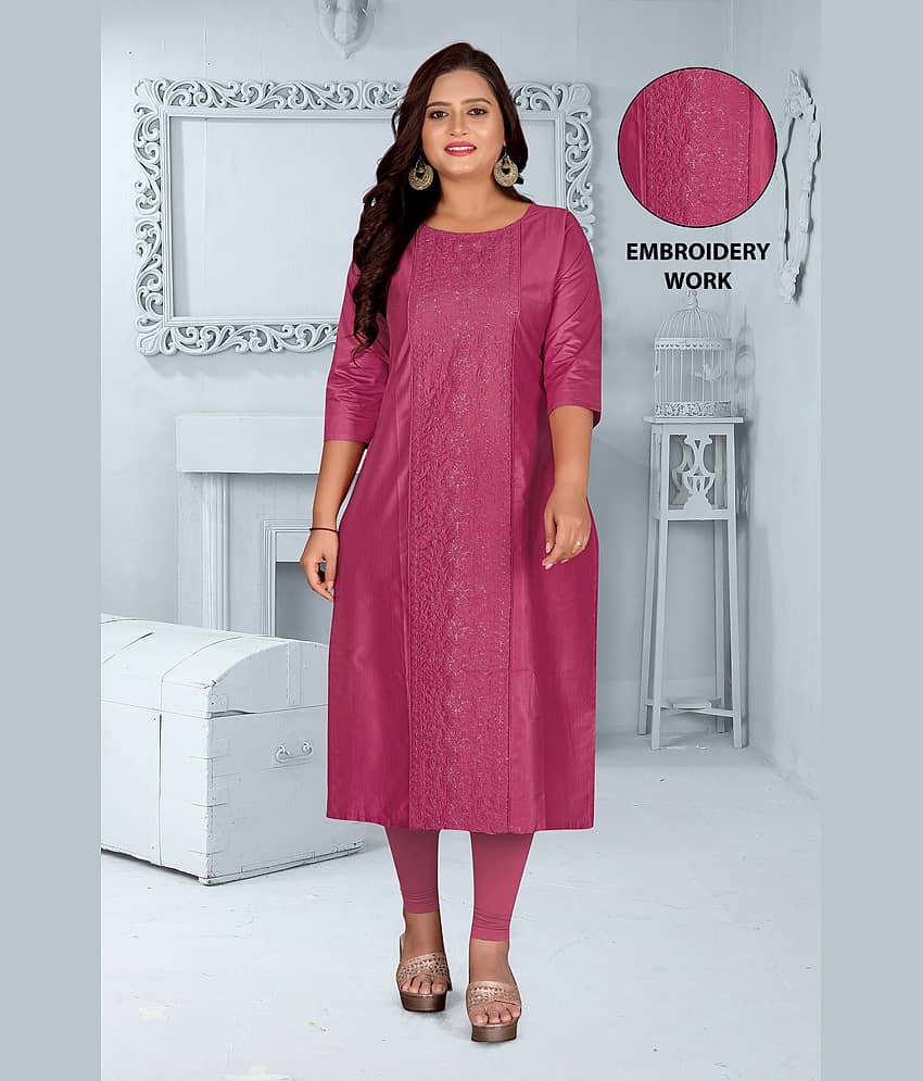 RIAANA Women Chanderi Embroidered Straight Kurti ( Pink )