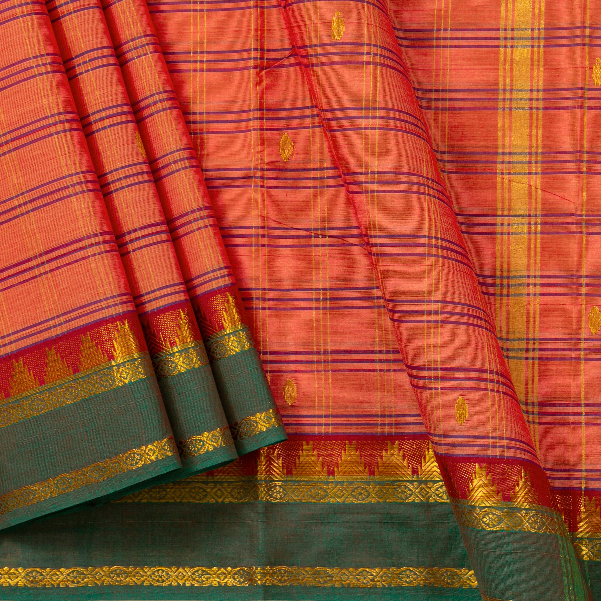 Peach And Green Chettinad Cotton Saree For Daily Wear PV SK CC 254