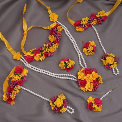 Rani & Yellow Color Synthetic Rose Floral Bridal Set (TRN1778RNIYLW)-Adjustable Rope / Yellow / Synthetic