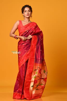 Param Sundari EXCLUSIVE~ Handloom Pure Silk Maroon Muniya Border Paithani Saree with Parrot Pallu