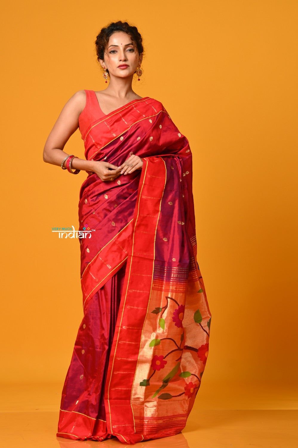 Param Sundari EXCLUSIVE~ Handloom Pure Silk Maroon Muniya Border Paithani Saree with Parrot Pallu