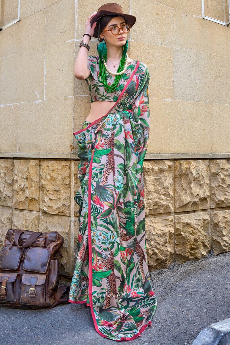 Classy Green Digital Printed Satin Silk Saree With Mesmerising Blouse