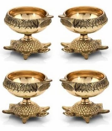 Fashion Bizz Pure Brass Deepak On Stand Diyas Table Diya Set - 10 cm, Pack of 4