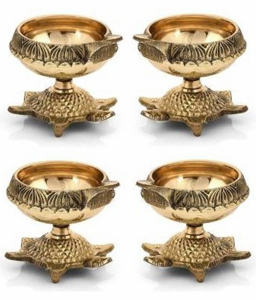 Fashion Bizz Pure Brass Deepak On Stand Diyas Table Diya Set - 10 cm, Pack of 4
