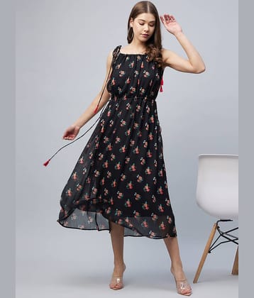 StyleStone Women Chiffon Printed Fit & Flare Dress ( Black )