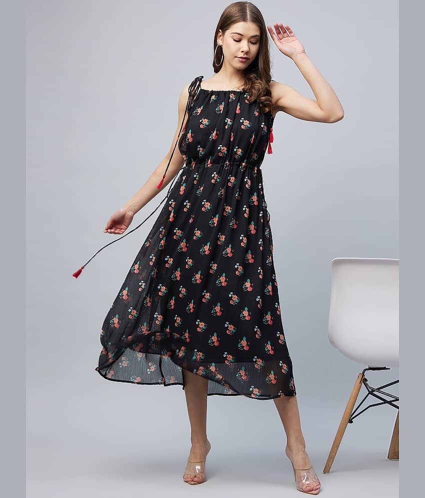 StyleStone Women Chiffon Printed Fit & Flare Dress ( Black )