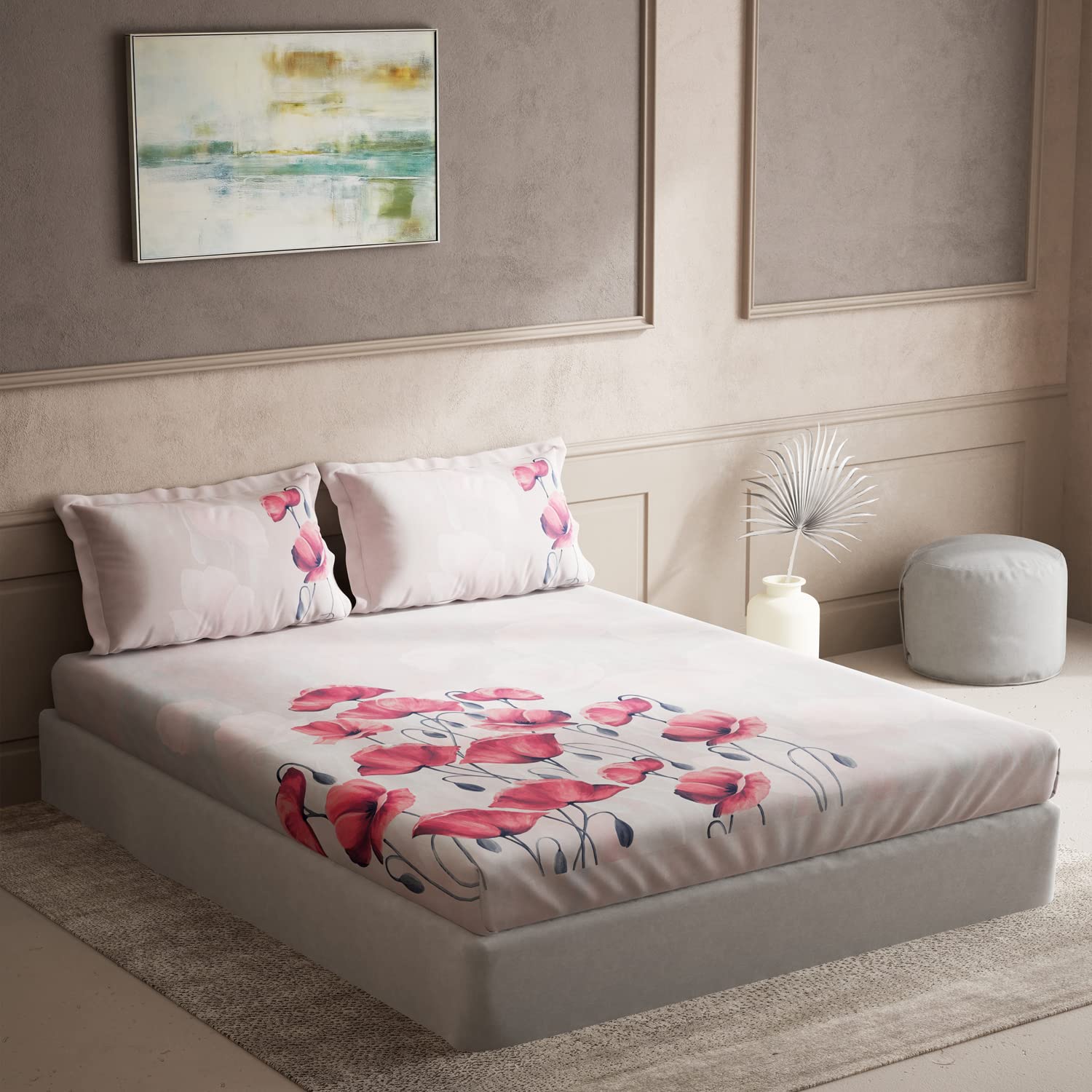 DDECOR - Maxima Collection 100% Cotton Floral Pattern 136TC Super King |274 CM X 274 CM| with 2 Pillow Covers - Red
