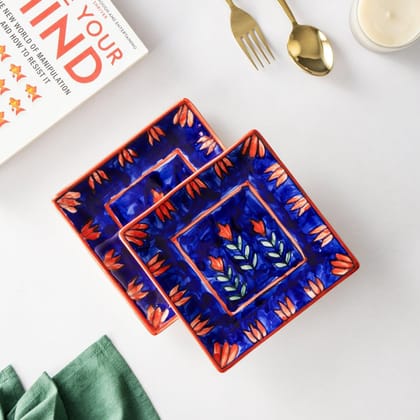 Blooming Plants Ceramic Square Serving Platter [Pack Of 1] (7 Inches x 7 Inches)