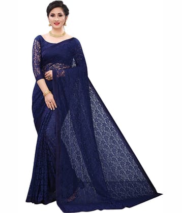 Saadhvi Net Embroidered Saree With Unstitched Blouse Piece ( Navy Blue )