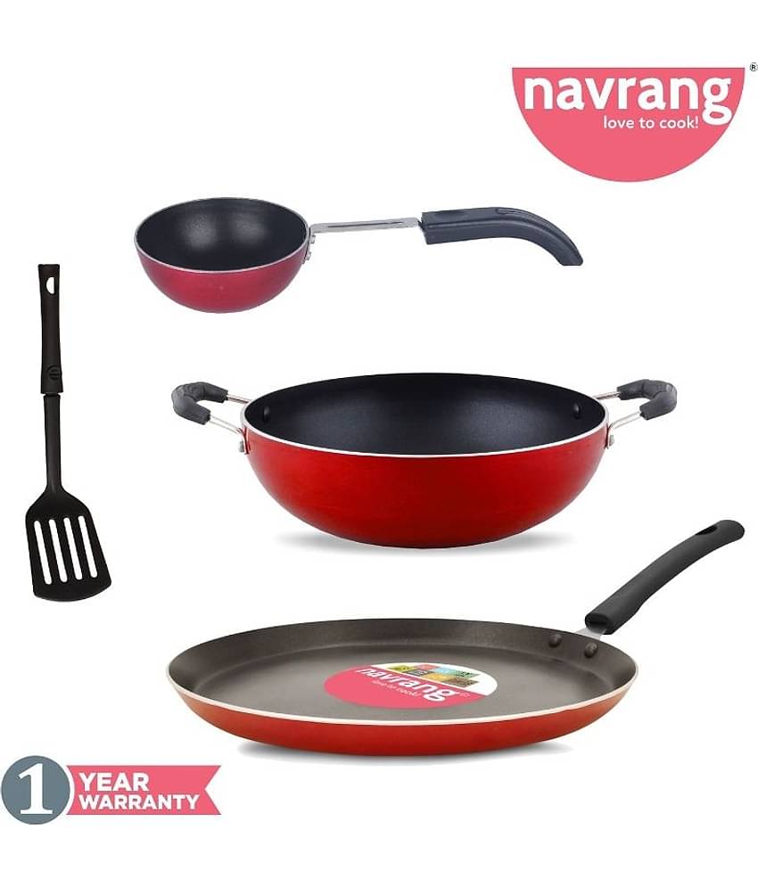 Navrang Nonstick Aluminium 4 PC Cookware Set ,Tawa 275 + Kadai 230 + Tadka Pan + Spatula,Red NON-INDUCTION