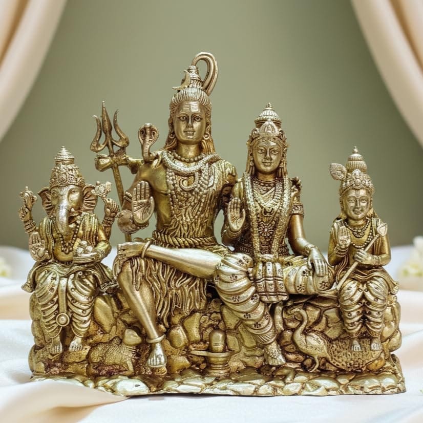 Sukh Sehaj Shiva Parivaar Murti | Brass Murti | Handcrafted, Antique Yellow Finish, 5.0 Inch, for Home Temple, Decor, Pooja Ritual and Gifting