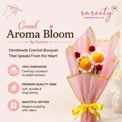 Rareity Crochet Daisy Flower Bouquet with Aroma – Handmade Knitted Artificial Flowers with Premium Pink Wrapping | Gift for Women, Girlfriend, Wife, Mom & Friends