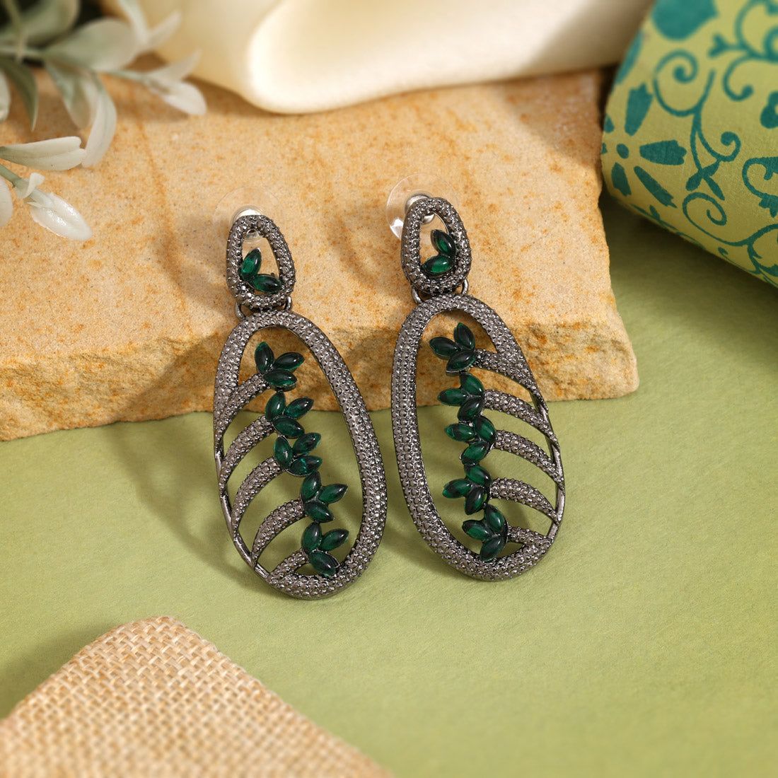 Green Color Fashion Earrings Styled For Spring And Summer Wardrobe Vibes-Earring Length: 6.00 CM x Width: 2.50 CM / Green / Alloy With Good Quality Black Silver Plated