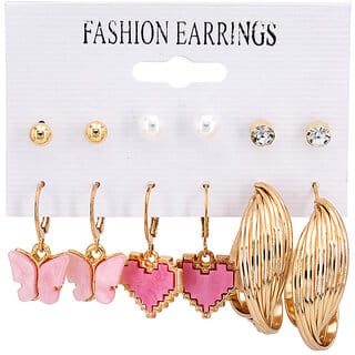 Butterfly and Heart Style Hoop Earring (6 pairs in a pack)