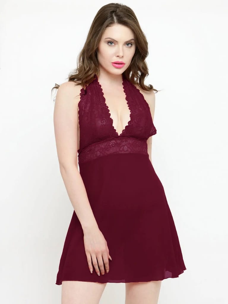 Sexy Deep Neck Babydoll Nighty Wine and Black Colour with G-String Panty - Soft Nylon Lace - Nightwear & Loungewear | Buy online on ZillyBuy