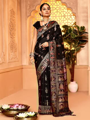 Black Pure Soft Silk Baluchari Weaving Saree