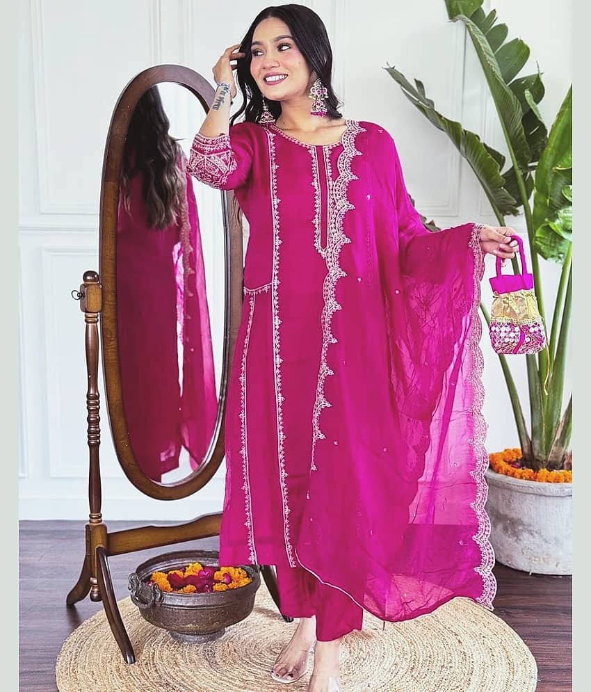 PURVAIYA CREATION Cotton Embellished Kurti With Pants Women's Stitched Salwar Suit - Fluorescent Pink ( Pack of 1 )