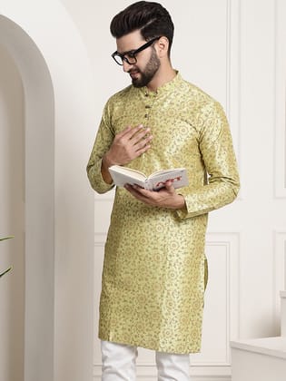 Men's Silk Blend Pista Green Printed Long Kurta-36