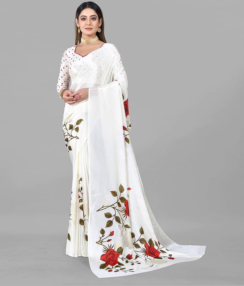 BLEESBURY Chiffon Printed Saree With Unstitched Blouse Piece ( Off White )