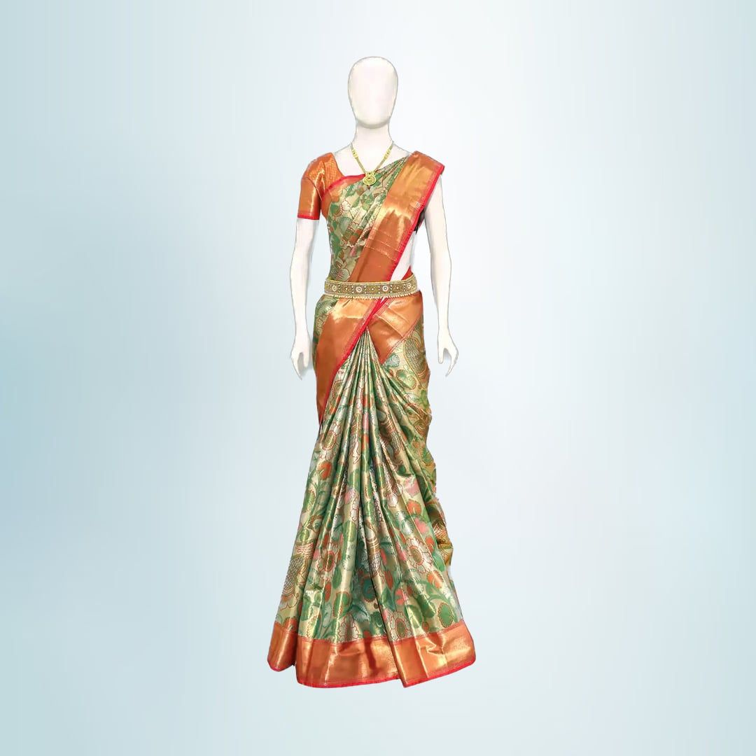 Traditional Pattu Silk Saree (Green and Copper) | Rich Zari Border | Festive & Wedding Wear