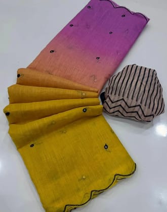 Launching new Soft Linen cotton Digital printed saree with aari work  & foil mirror work with aariwork cut work border