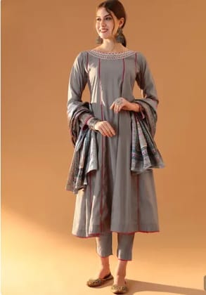 Women's Grey Chanderi Embroidered Anarkali Set
