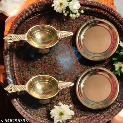 Pura Brass Deepak Set of 2 with 2 Plates Pure Brass 3 inch for Puja /Diwali Decoration Diya 400 Gram Puja Plate 13 gram