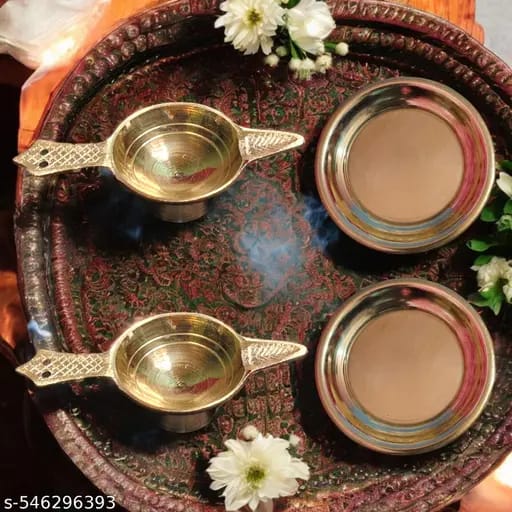 Pura Brass Deepak Set of 2 with 2 Plates Pure Brass 3 inch for Puja /Diwali Decoration Diya 400 Gram Puja Plate 13 gram