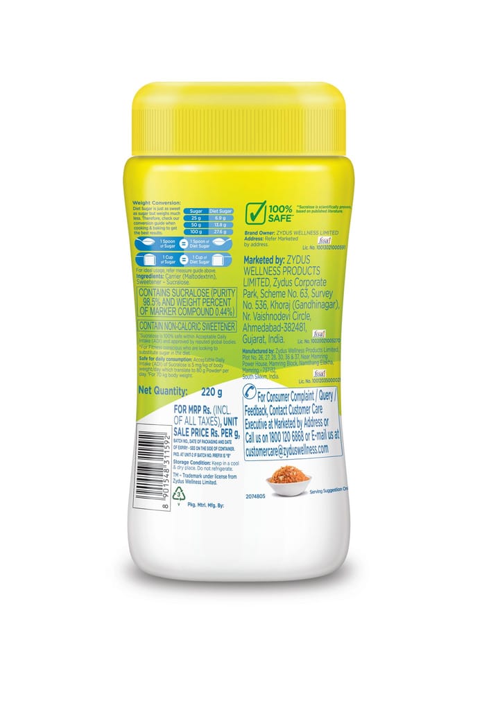 Sugar Free Natura, 220g Jar | Equivalent to Sweetness from 800 gm Sugar |100% Safe| Scientifically Proven & Tested|Sweet like Sugar but with zero calories|