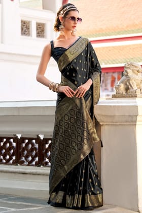 Volcanic Black Zari Woven Banarasi Satin Silk Saree