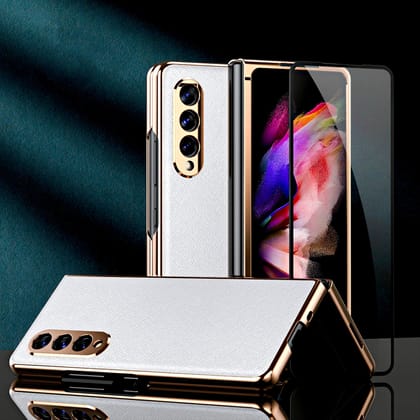 White Premium Leather Gold Electroplated Luxury Cover (with Glass Front Panel)-Samsung Galaxy Z Fold 3
