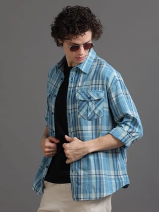 Premium Men Shirt, Relaxed Fit, Yarn Dyed Flannel Check, Pure Cotton, Full Sleeve, Sky Blue-XL / Sky Blue Checks