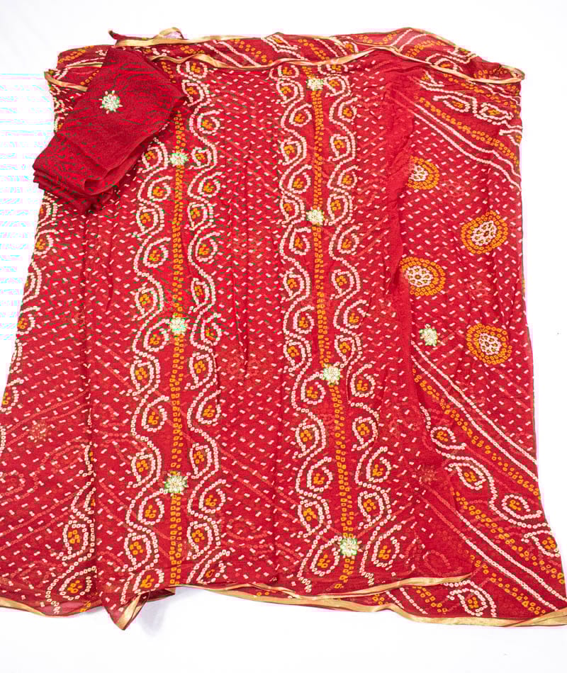 Red pure chiffon bandhani saree with kundan work buti