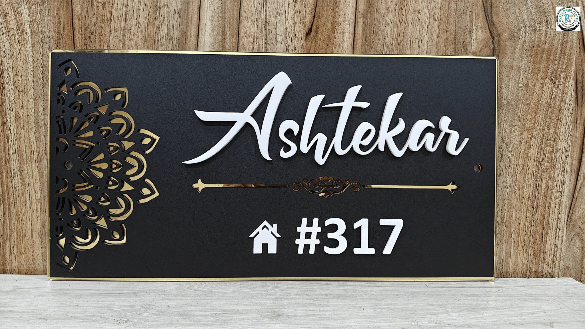 Matte Black Acrylic House Name Plate with Geometrical Pattern