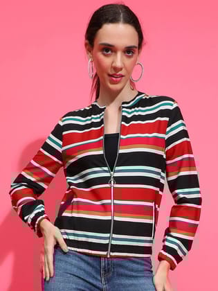 Multicolor Stripe Print Round Neck Long Sleeve Bomber Jacket-S