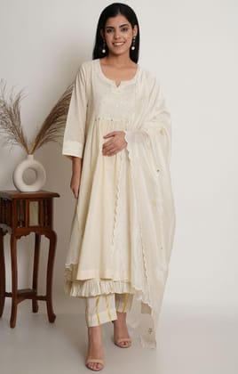 Off White Cotton Kurta With Pant & Chanderi Dupatta Set-S