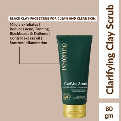Perenne Clarifying Clay Scrub | Exfoliates & Detoxifies | Controls Oil & Reduces Acne | AHA & BHA Formula | Black Clay & Niacinamide (80g)-Pack Of 1 (80 gm)