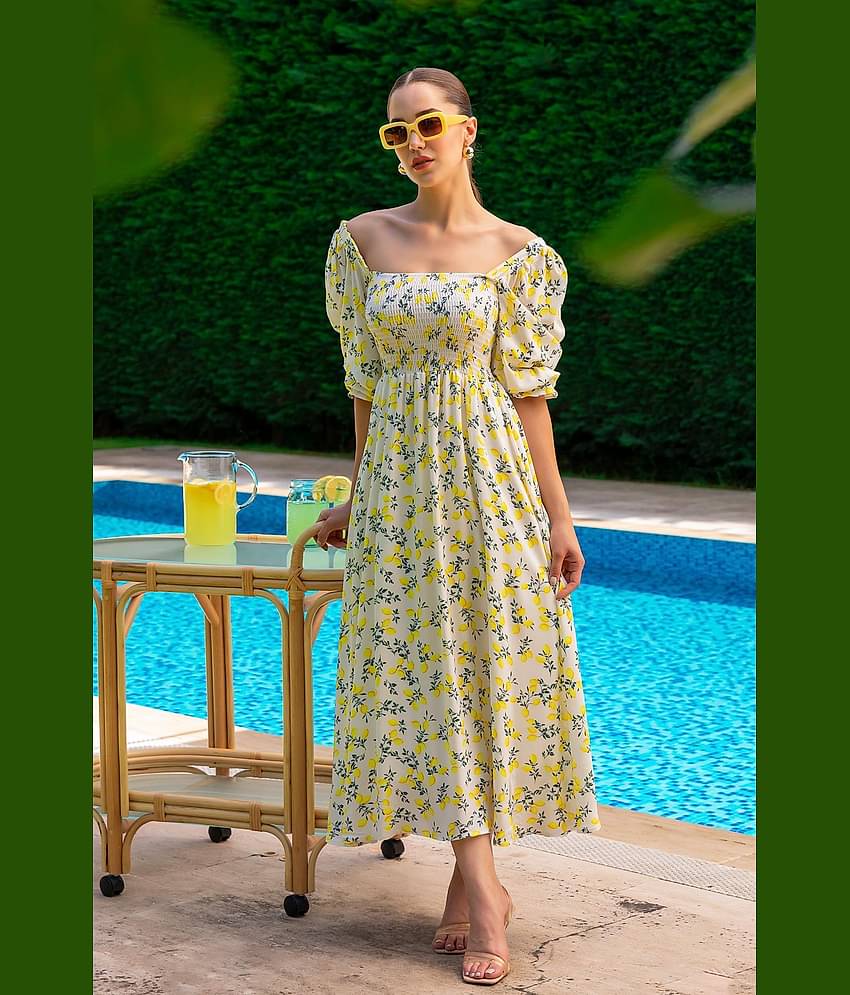 Sheetal associates Women Crepe Printed Fit & Flare Dress ( Yellow )