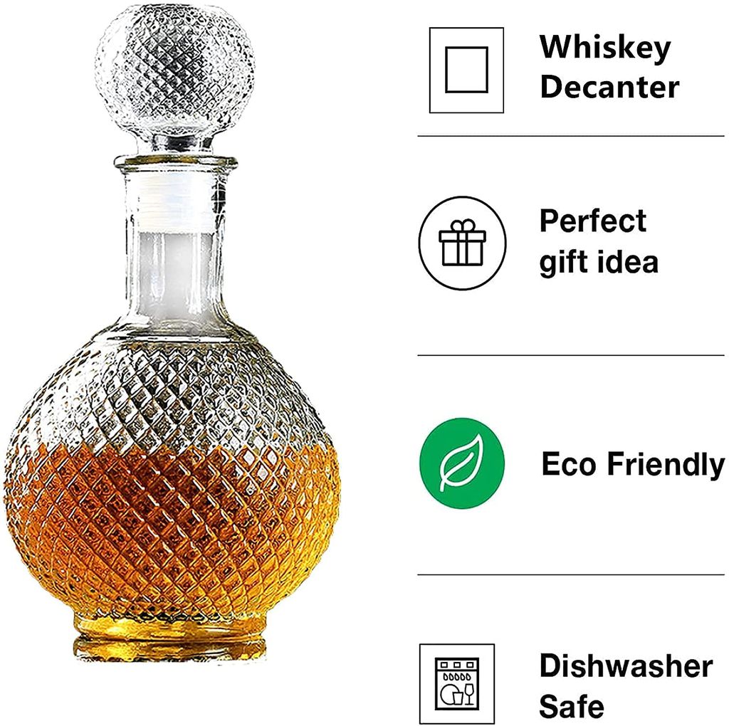Clear Glass European Style Round Decanter with Lid for Whisky, Wine, Beer, Scotch, Vodka, Bourbon, Liquor | Water and Juice Jug Pitcher Bottle (Big) (1000 ml)