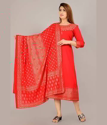 NUPITAL Rayon Printed Anarkali Women's Kurti with Dupatta - Red ( Pack of 1 )