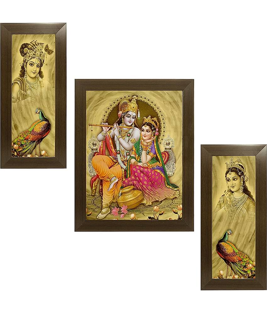 Indianara Set of 3 Radha Krishna Wood Painting With Frame