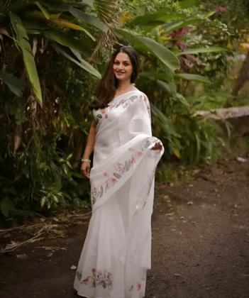 White Linen Saree with Nature-Inspired Digital Print & Latkans | Soft & Breathable