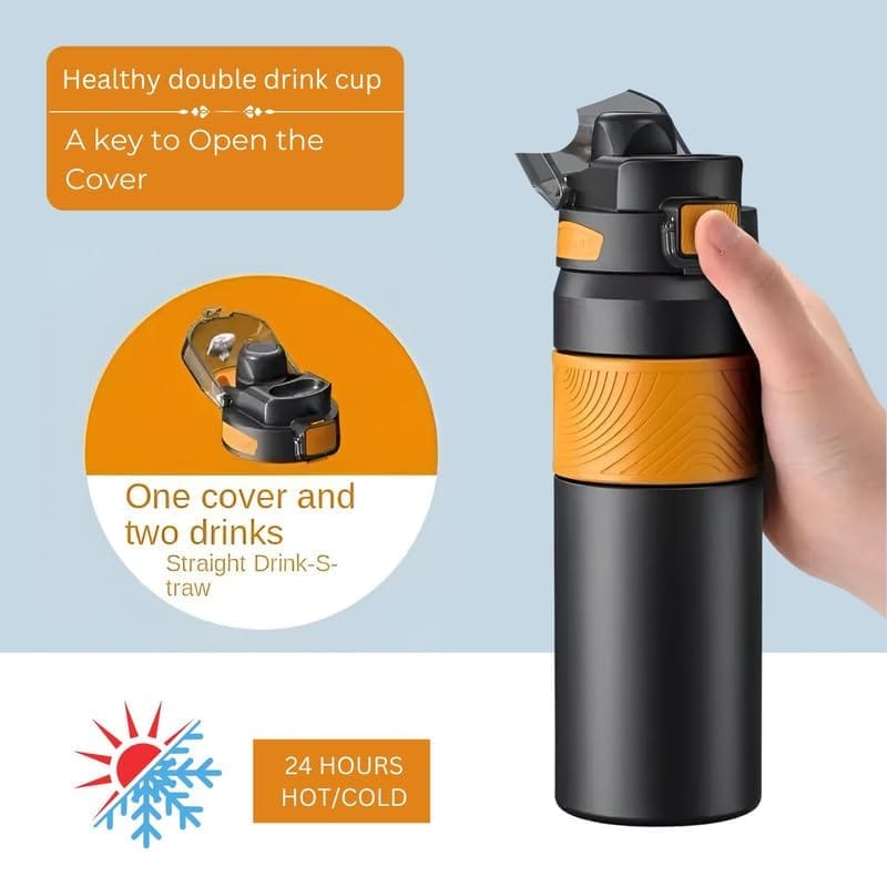 Stylish Dark Grey Water Bottle with Orange Grip - BPA Free & Leak-Proof
