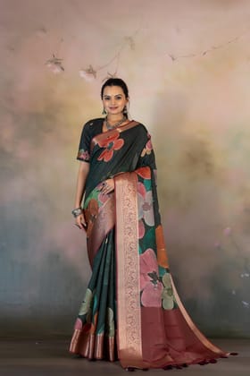 Multicolor Large Flower Print Jacquard Checks Saree