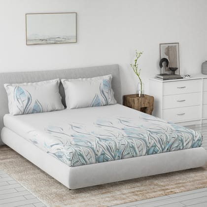 DDECOR - Primary Collection 100% Cotton Leaves Pattern 145TC King Bedsheet |229 CM X 274 CM| with 2 Pillow Covers - Blue