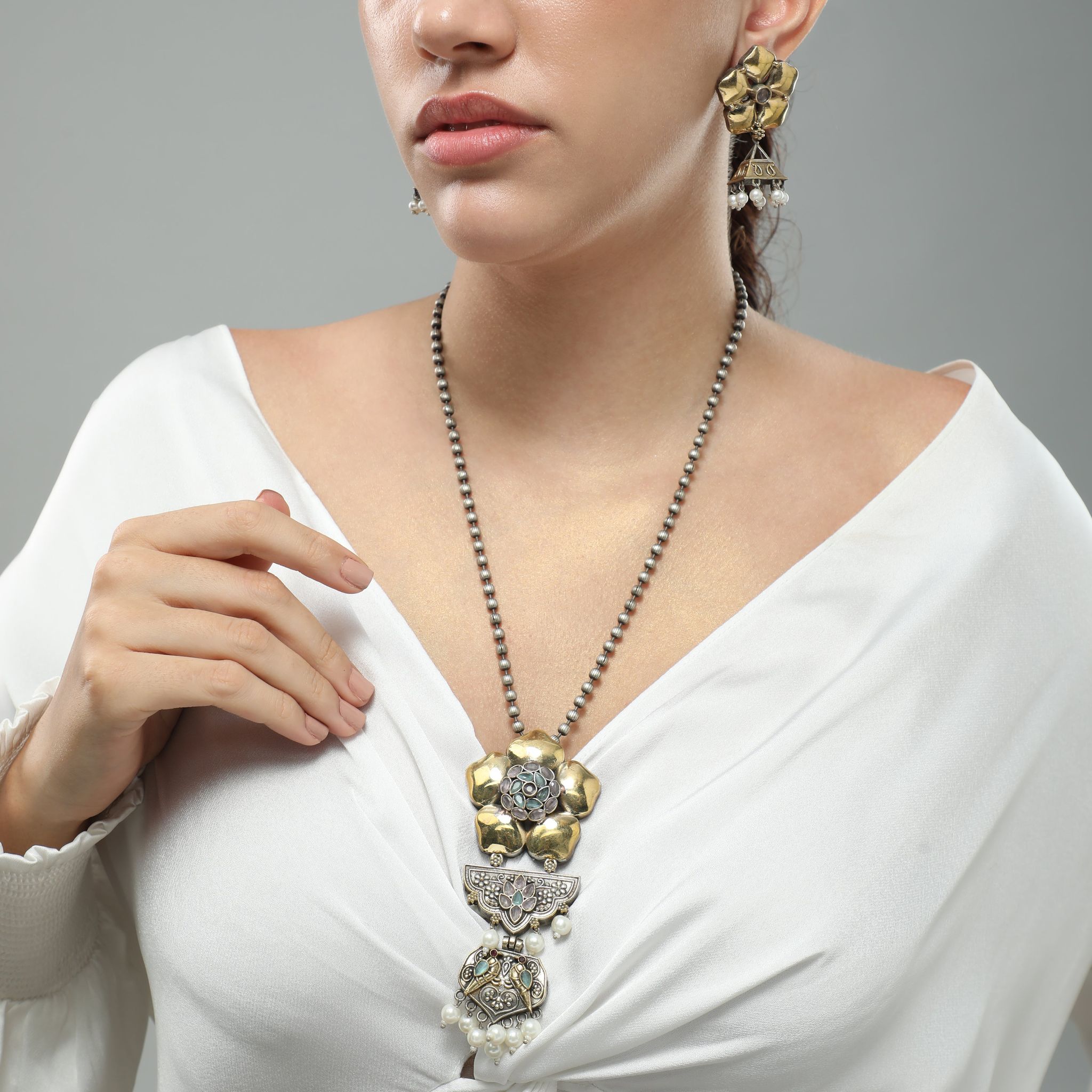 Idyllic Oxidized Long Necklace Set-STONES OXIDIZED METAL ALLOY / GOLD SILVER