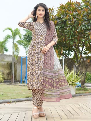 Brown Printed Rayon V-Neck Kurta Pant with Dupatta-S
