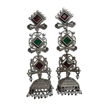 Anvaya Collections Oxidised Silver Jhumka Earrings, Red and Green Stones, Pearl Beads