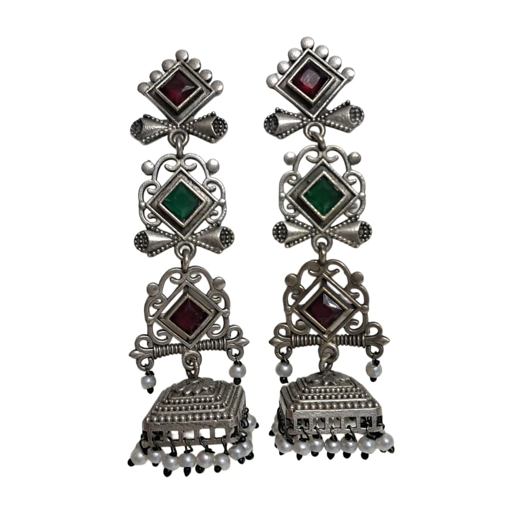 Anvaya Collections Oxidised Silver Jhumka Earrings, Red and Green Stones, Pearl Beads