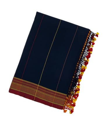 Navy Blue Handloom Bhujodi Cotton Saree With Stripes-Navy Blue